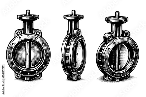 Butterfly valve A circular butterfly valve with central disc and mounting flange displayed in frontal view, side profile, and three-quarter perspective to