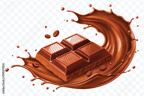realistic 3d chocolate bar into liquid chocolate splash with bubbles in curve style isolated on transparent background