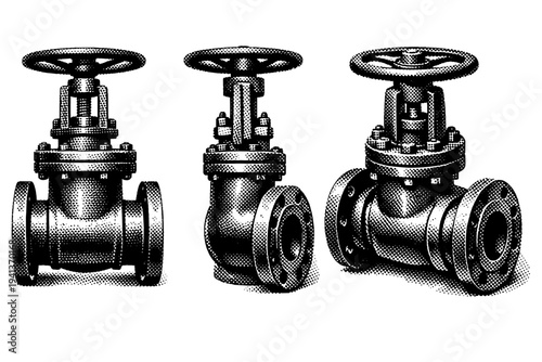 Gate valve A heavy cast iron gate valve with flanged ends and a round handwheel shown in front view, side profile, and three-quarter angle within one object