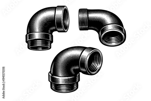 Steel pipe elbow fitting A -degree industrial steel pipe elbow with threaded ends and thick cylindrical walls shown with precise curvature and realistic metal