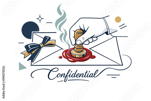 Letter seal. A hand pressing a wax stamp onto an envelope, melted wax spreading in a perfect circle while soft smoke curls upward. Elegant ribbon and subtle