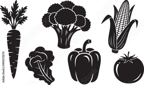 Vegetable icons set in black and white illustration style