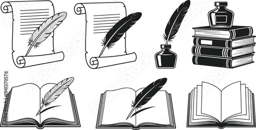 Set of vintage literature and writing emblems featuring feather quills with inkwells old paper scrolls and stacks of books in black and white sketch style.