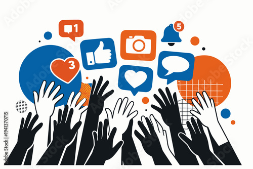 Minimalist modern-retro graphic collage depicting a comic social media obsession scene, black and white faceless hands endlessly reaching toward floating