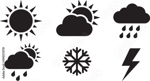 Weather forecast icons for sunny, cloudy, rainy, and snowy conditions
