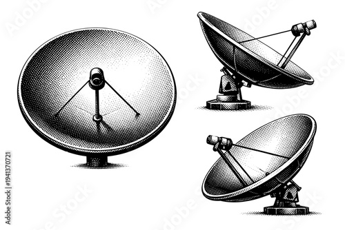 Satellite dish parabolic reflector. A realistic satellite dish shown as a single object in three different views, focusing on the parabolic bowl curvature, rim