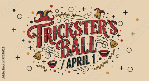 Vibrant april fools' day celebration graphic with trickster's ball text and playful illustrations on beige background