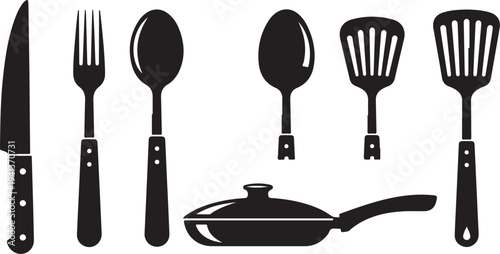 Black Silhouettes of Kitchen Utensils and Cookware on White