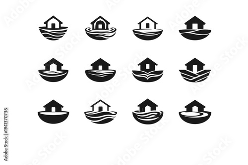zen home sanctuary. Icon set. Set Logo of zen home sanctuary: flowing water bowl. harmonious logo variations of the same emblematic concept, each
