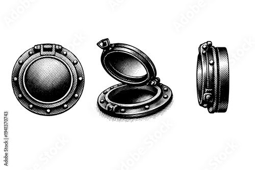 Shipwreck porthole, circular metal ship porthole with rim and hinge shown closed front view, open angled view, and side profile with realistic depth. Black and
