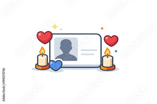 Dead person social media grieving space illustrated by soft heart and candle icons appearing around a profile, conveying remembrance, collective mourning and