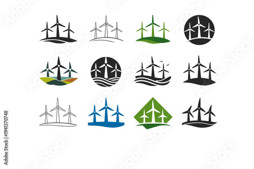 wind turbines. Icon set. Set Logo of wind turbines: wind turbine farm. harmonious logo variations of the same emblematic concept, each with different artistic
