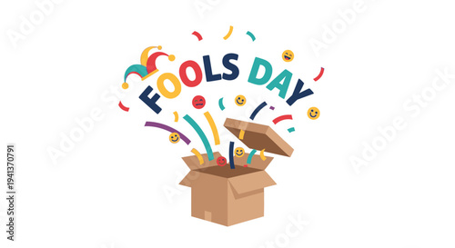 Colorful april fools day celebration with confetti and open cardboard box on white background