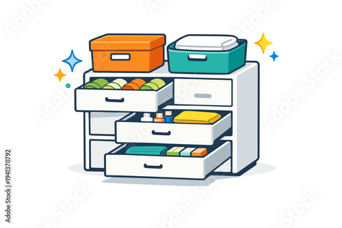 Home organization storage illustrated with drawers partially open and soft sparkle icons, expressing decluttering success and a sense of satisfaction. The