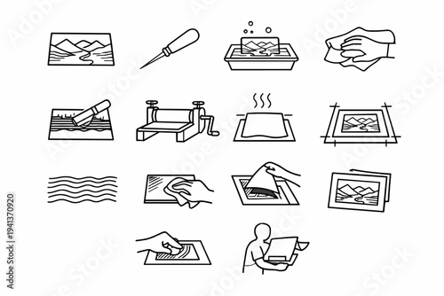Intaglio Printing. Line icon set of Intaglio Printing: engraved metal plate, etching needle, acid bath etching, plate wiping cloth, ink pushed into grooves,