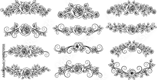 Set of vintage rose floral dividers and ornamental borders with hand drawn roses and swirl elements in black and white sketch style.