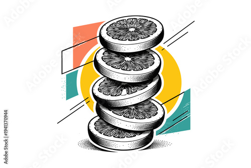 Black and white stacked citrus slices forming a vertical tower, bold yellow circular halo anchoring the center, sharp coral and teal abstract blocks layered