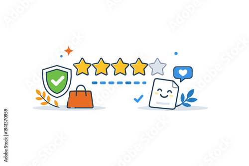 Online review stars promoting trust and confident purchasing decisions. A calm editorial-style scene with a clear star rating display and subtle positive