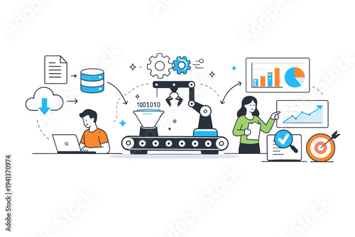 Data-driven automation. Editorial scene showing data inputs feeding automated processes and producing clear outputs, charts, and results. Calm sense of logic,