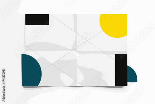 Overhead black-and-white folded paper mockup with visible crease lines, bright yellow circular accent partially intersecting one corner, contrasting black