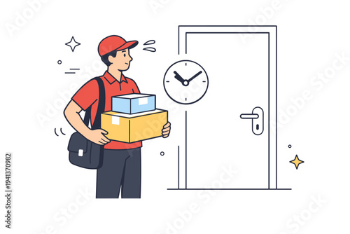 Missed deliveries. A courier standing at a closed door with packages in hand and a small clock icon nearby. Quiet frustration and inefficiency shown through