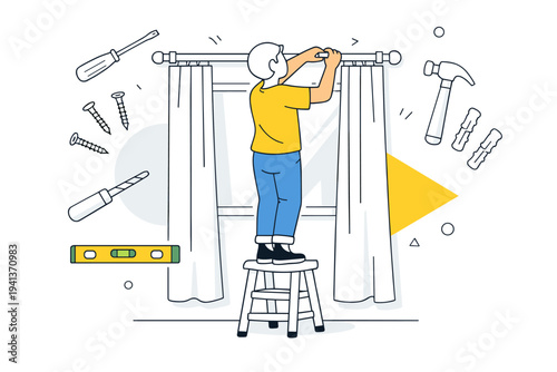 Curtain setup. Person standing on a small stool adjusting curtain rod, simple tools floating around like screws and a level. Scene feels practical, balanced,