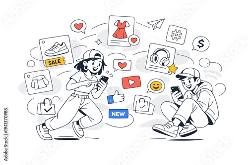 Gen Z Consumer Behavior. Young people shopping via smartphone, social icons and product cards floating around, fast-paced and expressive mood. Emphasis on