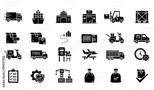 Delivery and Shipping Glyph Solid Icons Collection with Warehouse Loading Logistic Cargo Symbols Vector