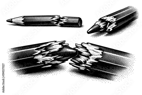 Broken pencil A snapped wooden pencil with exposed graphite core, jagged wood fibers, and fractured form shown from side, angled, and close-up break views as