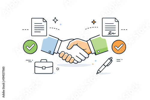Business agreement concept. A handshake framed by simple icons like checkmarks and documents, symbolizing deal closure. The illustration feels clean, modern,