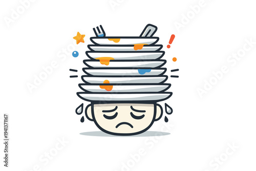 Dark kitchen burnout concept illustrated with stacked plates forming a heavy weight over a tired face icon, representing workload pressure and lack