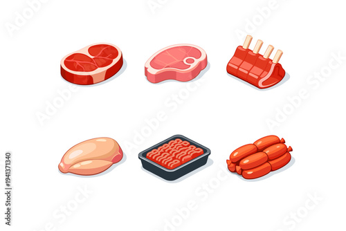 FreshMeat. Isometric flat vector icons set of FreshMeat: beef steak cut, pork chop cut, lamb rack cut, chicken breast cut, minced meat tray, sausages bundle.