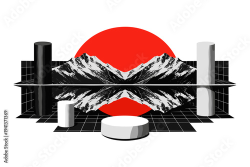 A monochrome vintage-style mountain landscape folded along the horizon line to exaggerate mirror symmetry, overlapped by a bold red semicircle rising from the