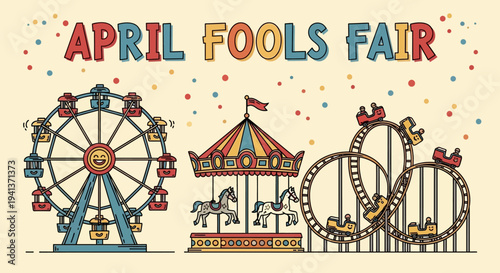 Colorful april fools fair amusement park with ferris wheel merry go round and roller coaster on cream background with confetti