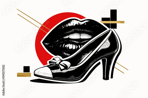 Black and white retro-style high heel shoe positioned diagonally with a bold white outline cut-out effect, oversized glossy lips in black and white layered