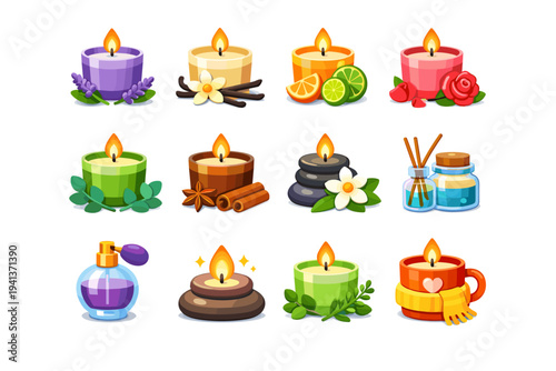 Scented candles. Colorful flat vector icons set of scented candles: lavender candle, vanilla candle, citrus candle, rose candle, eucalyptus candle, cinnamon