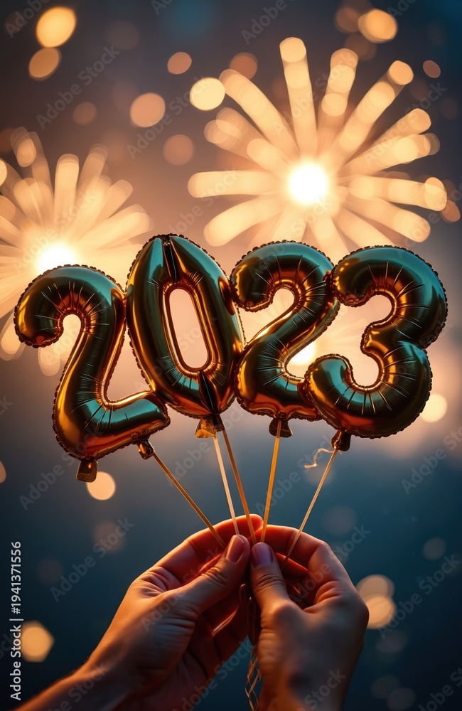 Obraz premium Hands hold gold foil balloons forming 2023 number against celebratory fireworks display background. Festive night sky illuminated with bright explosions signifying New Years Eve party.