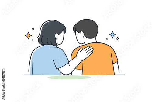 Comforting gesture. One person placing a hand on another?s shoulder in a quiet, supportive moment. The scene conveys understanding, presence, and emotional