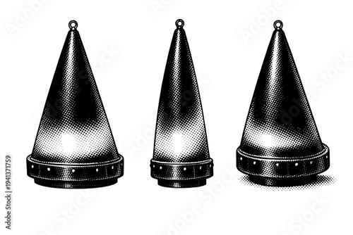 Buoy conical marker, tapered conical buoy with reinforced base shown from front view, side profile, and three-quarter view with realistic marine design. Black