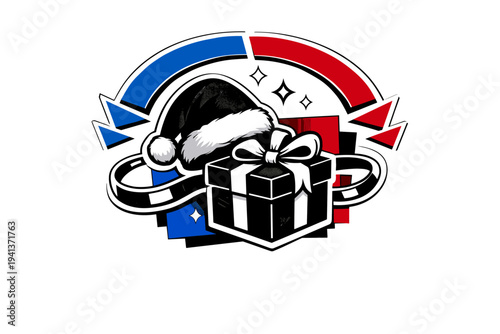 Black and white Santa hat and gift box floating centrally with decorative ribbon, electric blue and crimson semicircles framing the upper composition, sharp