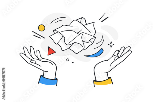Crumpled Napkin Concept. Hands releasing a crumpled napkin mid-air, folds unfolding slightly, abstract shapes emphasizing motion. Symbol of imperfection,