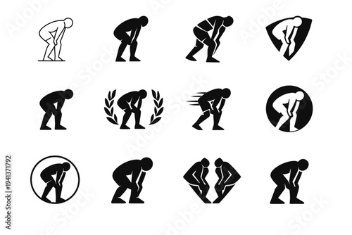 runner slowing down, catching their breath after winning. Icon set. Set Logo of runner slowing down, catching their breath after winning: athlete silhouette.