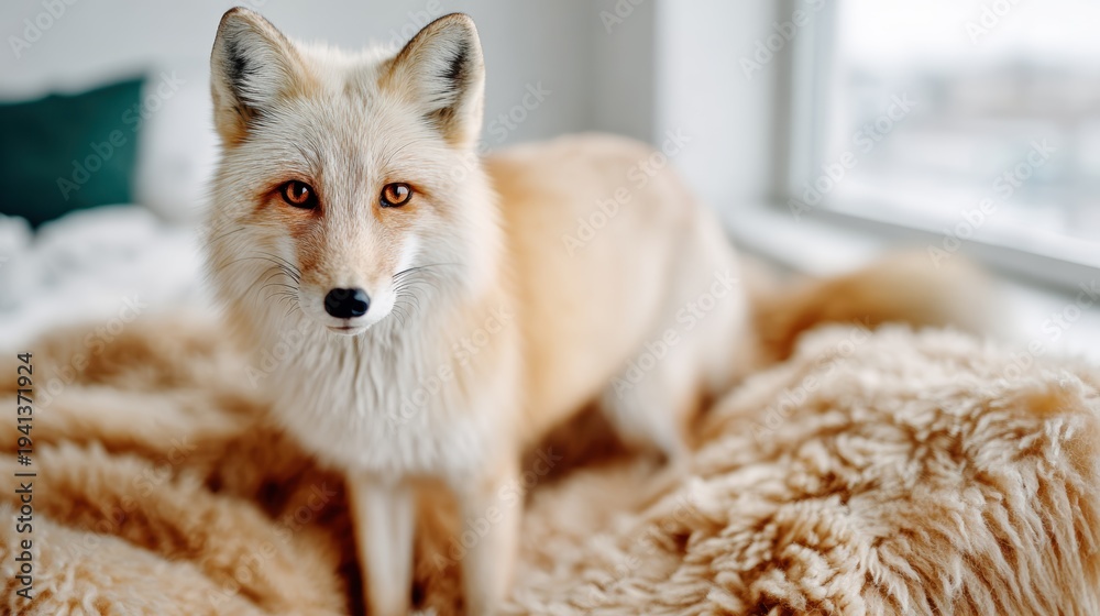 Naklejka premium A cute domestic fox stands curiously indoors, gazing toward the viewer with a soft expression, radiating warmth and charm, creating a cozy and inviting atmosphere in the room.