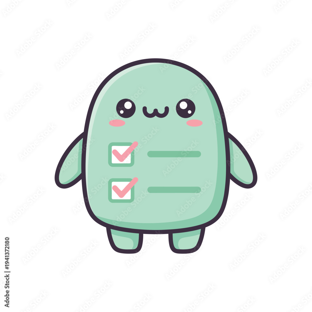 Obraz premium Cute cartoon green check mark character.