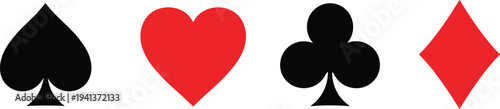 Set of four classic playing card suit symbols featuring black spade and club with red heart and diamond icons for gambling and poker