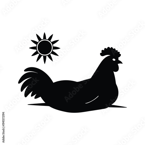 A rooster standing a sun behind it, silhouette vector illustration, chicken sunbathing silhouette vector illustration