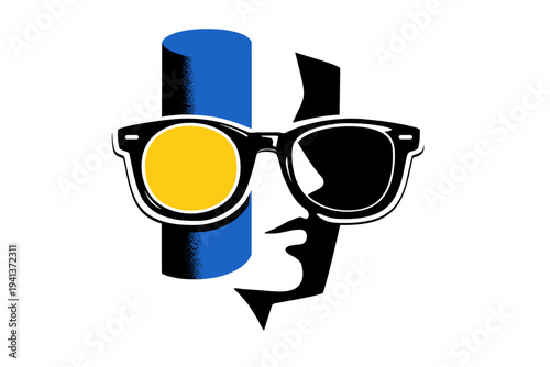 Black and white retro sunglasses with one lens replaced by a bold yellow geometric circle, abstract blue cylinder shadow behind, fragmented face silhouette