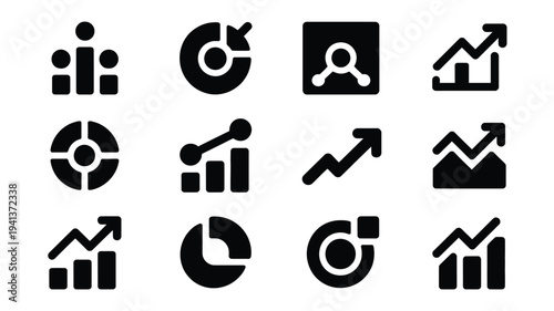 Business analytics startup concept with various chart and graph icons on white background for data analysis and financial growth