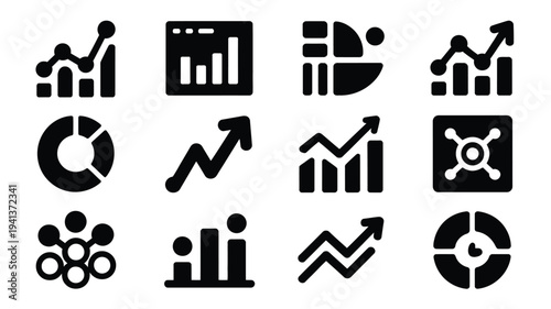 Business analytics startup silhouette icons set for data analysis and finance reports
