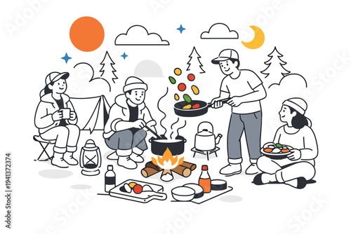 Outdoor cooking and camping meals. Friends gathered around a small campfire, steam rising from a pot while someone flips vegetables in a pan. A cozy forest